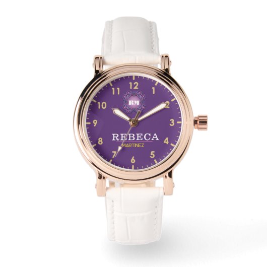 Purple Personalized with White Leather Custom  Armbanduhr (Vorderseite)