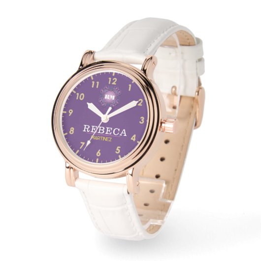 Purple Personalized with White Leather Custom Armbanduhr (Winkel)