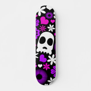 Purple, Pink and White Skull and Floral Pattern Skateboard