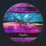 Purple Pink Blue Glitter Stars Brush Strokes Name Große Wanduhr<br><div class="desc">Purple, Gold, Pink and Blue Glitter and Stars Brush Strokes with DIY Name in white script on a black background. Makes a great gift for her.</div>