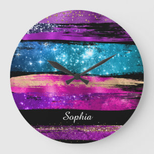 Purple Pink Blue Glitter Stars Brush Strokes Name Große Wanduhr