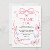 Purple Pink Bow Butterfly Girl Birthday Party Dankeskarte (Vorderseite)