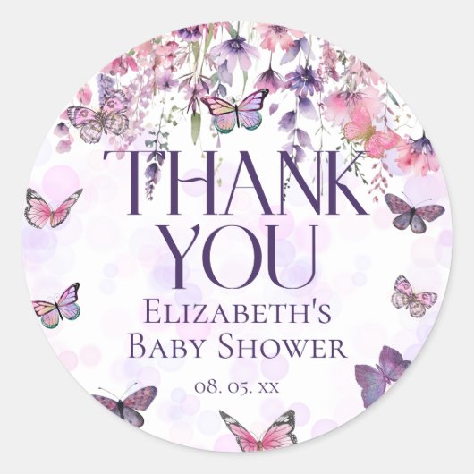 Purple Pink Butterflies & Wildflowers Baby Shower Runder Aufkleber (Vorderseite)