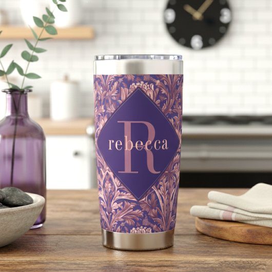 Purple Pink Floral William Morris Elegant Monogram Thermobecher