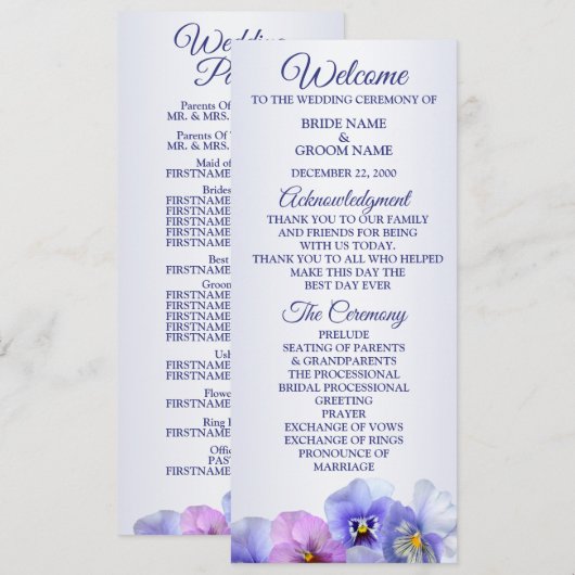 Purple Pink Lilac Pansy Floral Rustic Wedding Programm (Vorne/Hinten)