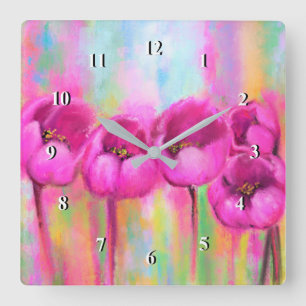 Purple Pink Tulips - Spring Art Original Painting Quadratische Wanduhr