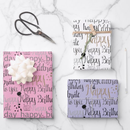 Purple Pink White Fun Happy Balloons Birthday Geschenkpapier Set (Vorderseite)