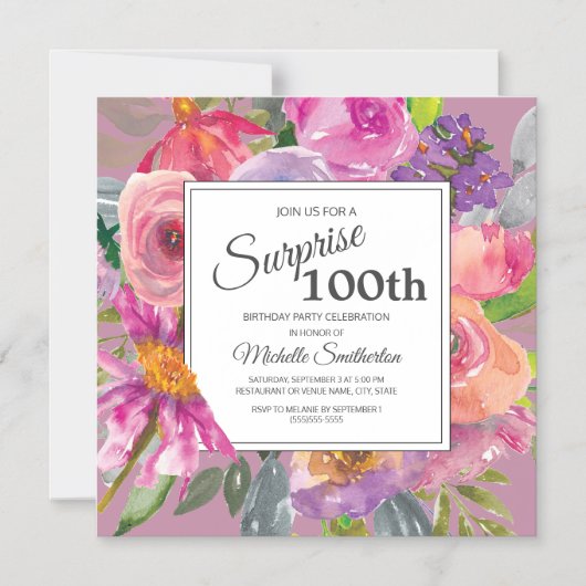 Purple Pink Wildflower Square 100th Birthday Party Magneteinladung (Vorderseite)