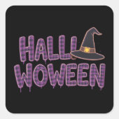 Purple Plaid Halloween Witch Hat Quadratischer Aufkleber (Vorderseite)