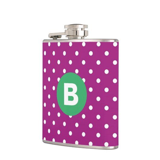 Purple Polka Dot Pattern Green Monogram Flachmann (Links)