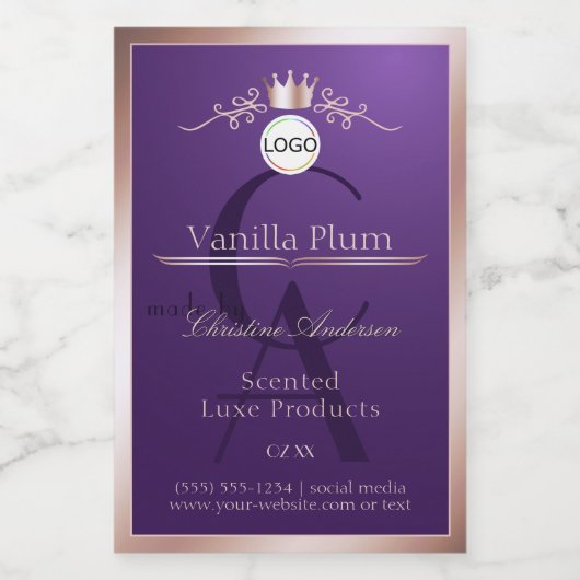 Purple Product Label Rose Gold Frame Logo Monogram Lebensmitteletikett (Einzelnes Label)