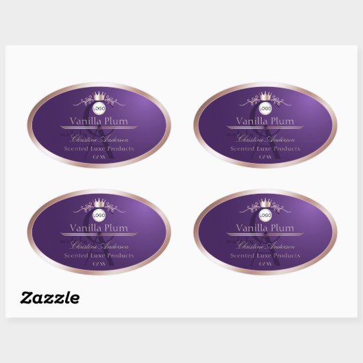 Purple Product Label Rose Gold Frame Logo Monogram Ovaler Aufkleber (Blatt)