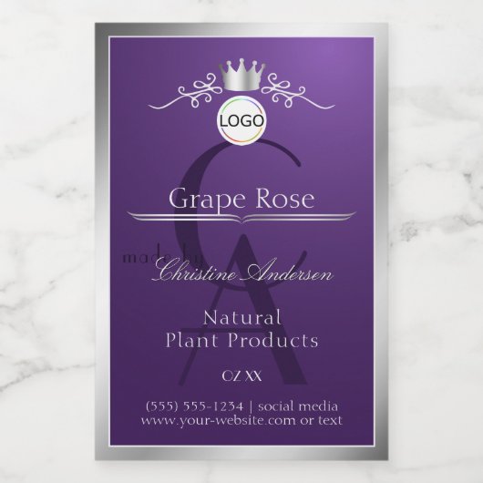 Purple Product Label Silver Frame Logo Monogram Lebensmitteletikett (Einzelnes Label)