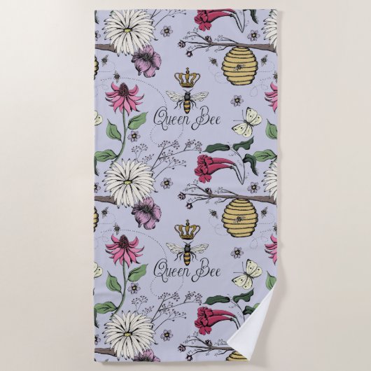 Purple Queen Bee Floral Pattern Strandtuch (Vorderseite)
