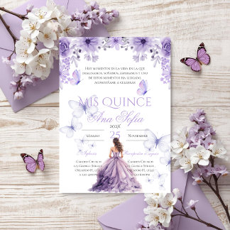 Purple quinceañera invitation with butterfiles einladung
