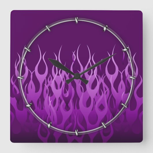 Purple Racing Flames Quadratische Wanduhr (Vorderseite)