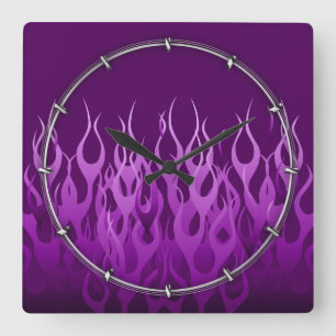 Purple Racing Flames Quadratische Wanduhr