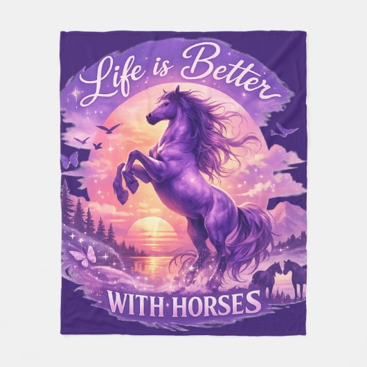 Purple Rearing Horse Sunset Fantasy Art Fleecedecke (Vorderseite)