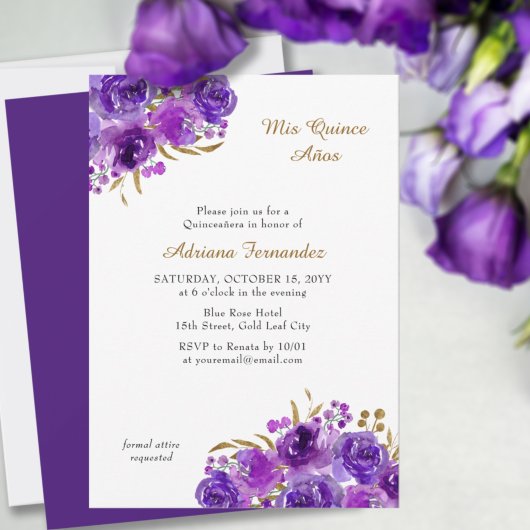 Purple Rose and Gold Leaf Quince Anos Quinceanera Einladung