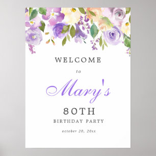 Purple Rose Floral 80th Birthday Welcome Sign Poster