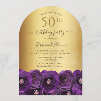 Purple Rose Floral Gold 50th Birthday Party Einladung