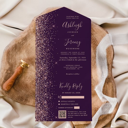 Purple Rose Gold Glitter QR Code Wedding All In One Einladung