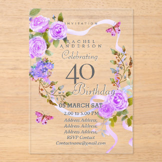 Purple Rose Ribbon 40th Birthday Invitation Acryleinladungen