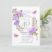 Purple Rose Ribbon 40th  Birthday Invitation Einladung (Stehend Vorderseite)