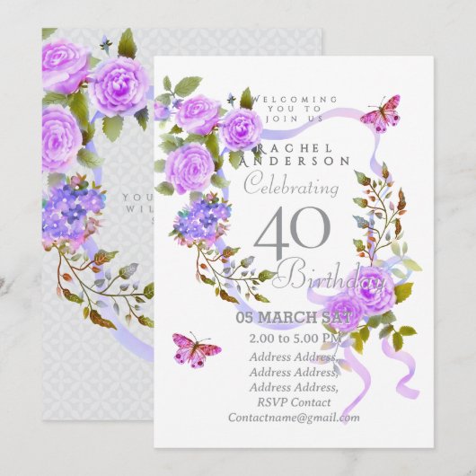 Purple Rose Ribbon 40th  Birthday Invitation Einladung (Vorne/Hinten)
