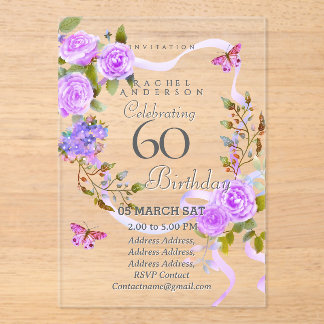 Purple Rose Ribbon 60th Birthday Invitation Acryleinladungen
