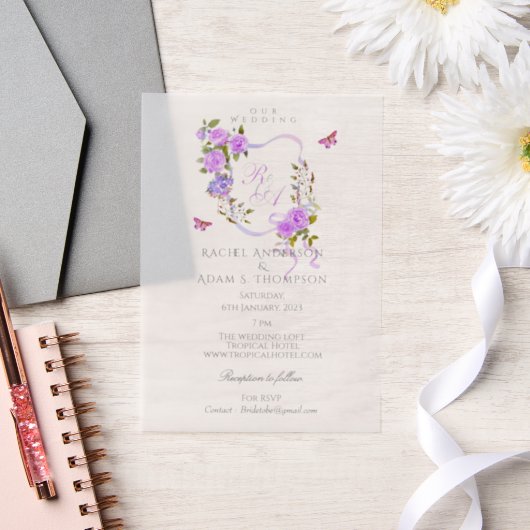 Purple Rose Ribbon Monogram Wedding  Invitation Pergament Einladungen (Hochzeit)