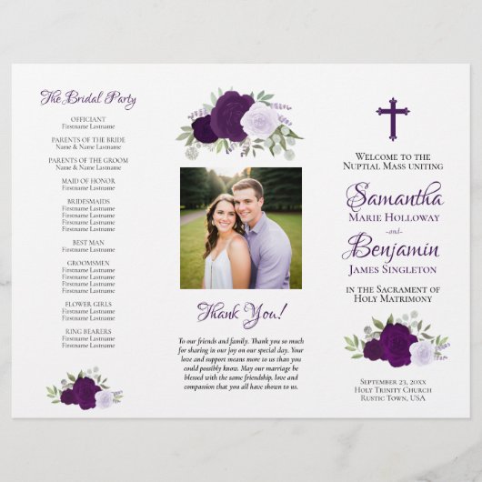 Purple Roses DIY tri-fold Catholic Wedding Program Flyer (Vorne)
