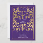 Purple Royal Medieval Gold Sword Wedding QR Code Einladung (Vorderseite)