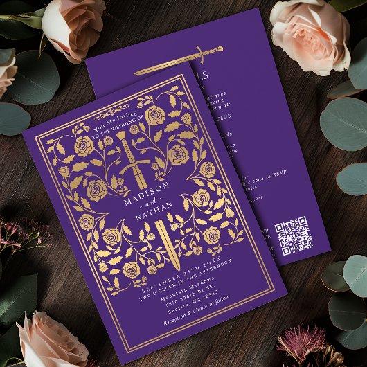 Purple Royal Medieval Gold Sword Wedding QR Code Einladung