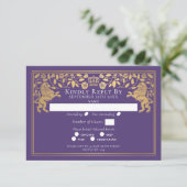 Purple Royal Medieval Lion Wedding RSVP Karte (Stehend Vorderseite)