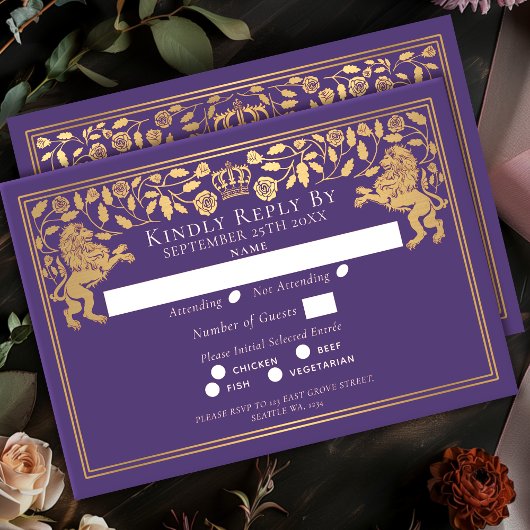 Purple Royal Medieval Lion Wedding RSVP Karte