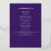 Purple Royal Medieval Silver Sword Wedding Details Folieneinladung (Rückseite)