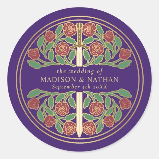 Purple Royal Medieval Sword Wedding Runder Aufkleber (Vorderseite)