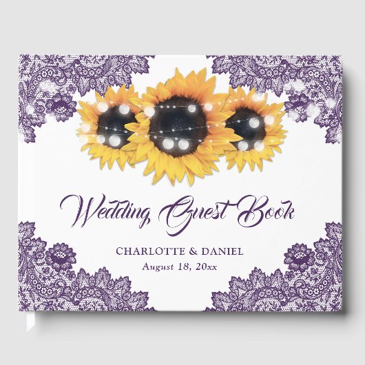 Purple Rustic Floral Lace Sunflower Wedding Gästebuch (Vorderseite)