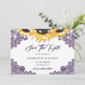 Purple Rustic Floral Lace Sunflower Wedding Save The Date (Stehend Vorderseite)