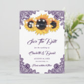 Purple Rustic Floral Lace Sunflower Wedding Save The Date (Stehend Vorderseite)