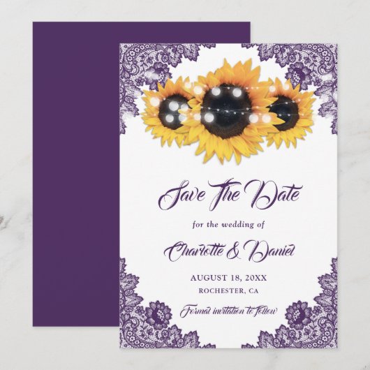 Purple Rustic Floral Lace Sunflower Wedding Save The Date (Vorne/Hinten)