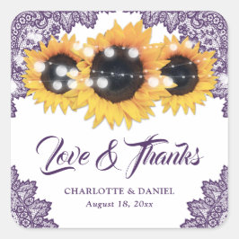 Purple Rustic Sunflower Wedding Thank You Quadratischer Aufkleber