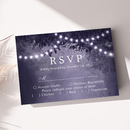 Purple Rustic Tree Lights Woodland Wedding RSVP Karte