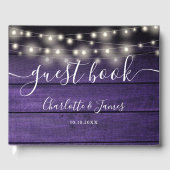 Purple Rustic Wood String Lights Photo Wedding Gästebuch (Vorderseite)