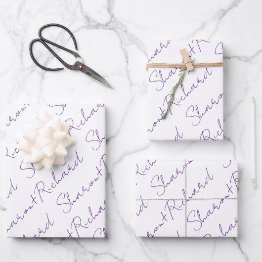 Purple script calligraphy names wedding geschenkpapier set (Vorderseite)