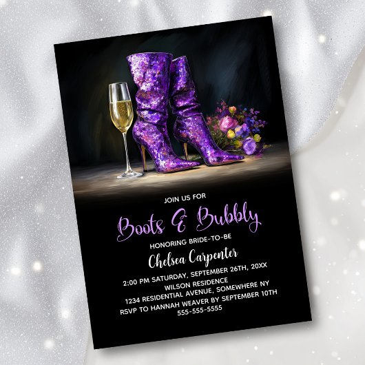 Purple Sequin Boots and Bubbly Bridal Shower Einladung