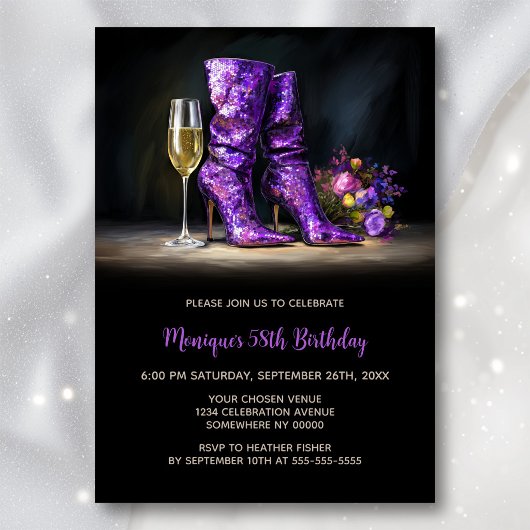 Purple Sequin Boots Any Age Birthday Party Einladung