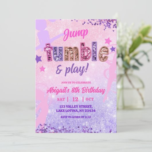 Purple Sequin Girl Gymnastic Birthday Einladung (Stehend Vorderseite)