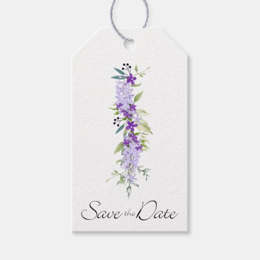 Purple Shades Floral Garland Save the Date Geschenkanhänger (Vorderseite)